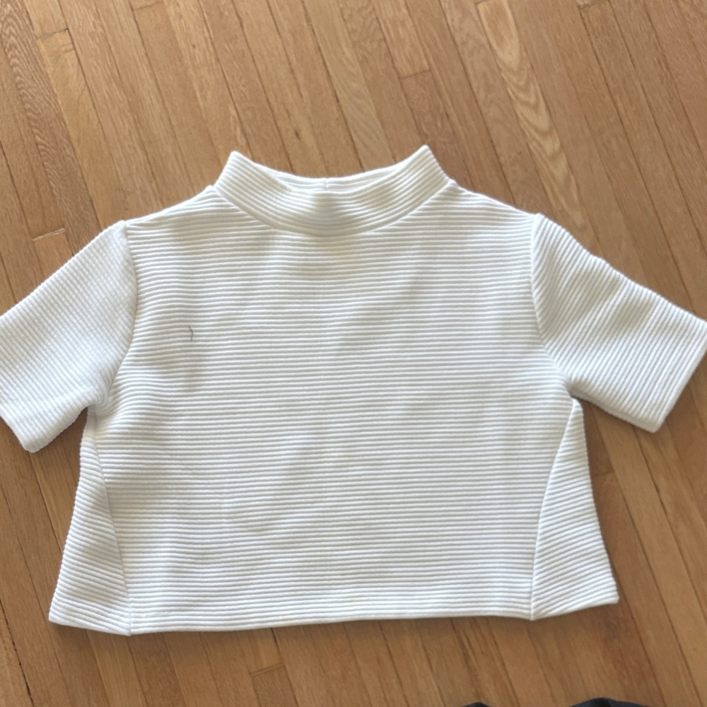 French Connection White Ribbed Mock-Neck Top